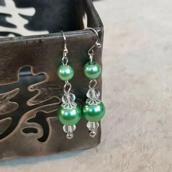 Artisan Glossy Green Glass Pearl Clear Crystal Silver Plated Dangle Earrings - Picture 4 of 4